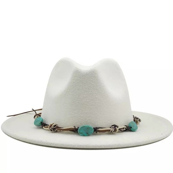Accessories - White Turquoise Western Bohemian Fedora Wool Hat